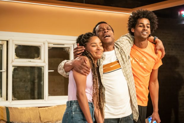 Karla-Simone Spence, Jude Akuwudike and Michael Workeye in House of Ife. Photo: Marc Brenner