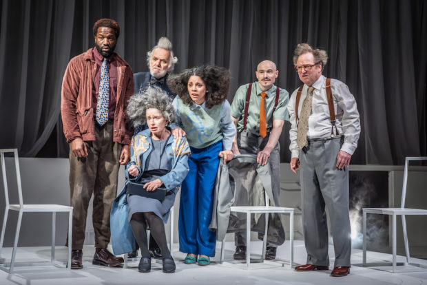 Ṣọpẹ́ Dìrísù, Hayley Carmichael, Alan Williams, Anouska Lucas, John Biddle and Paul Hunter in Rhinoceros. Photo: Marc Brenner