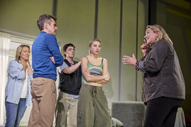 Nicola Walker, Paul Higgins, Alby Baldwin, Ella Lily Hyland and Lucy Thackeray in The Unbelievers. Photo: Brinkhoff Moegenburg