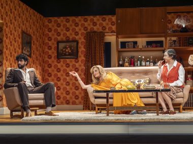 Omar Malik, Tamzin Outhwiate and Pandora Colin in Abigail’s Party. Photo: Ellie Kurtz