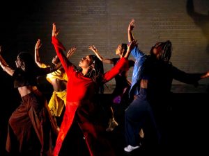 Ibilola Rossi, Tatenda Matsvai, Cherrelle Skeete, Alex Thomas-Smith and Nadine Higgin in for colored girls who have considered suicide / when the rainbow is enuf. Photo: Camilla Greenwell